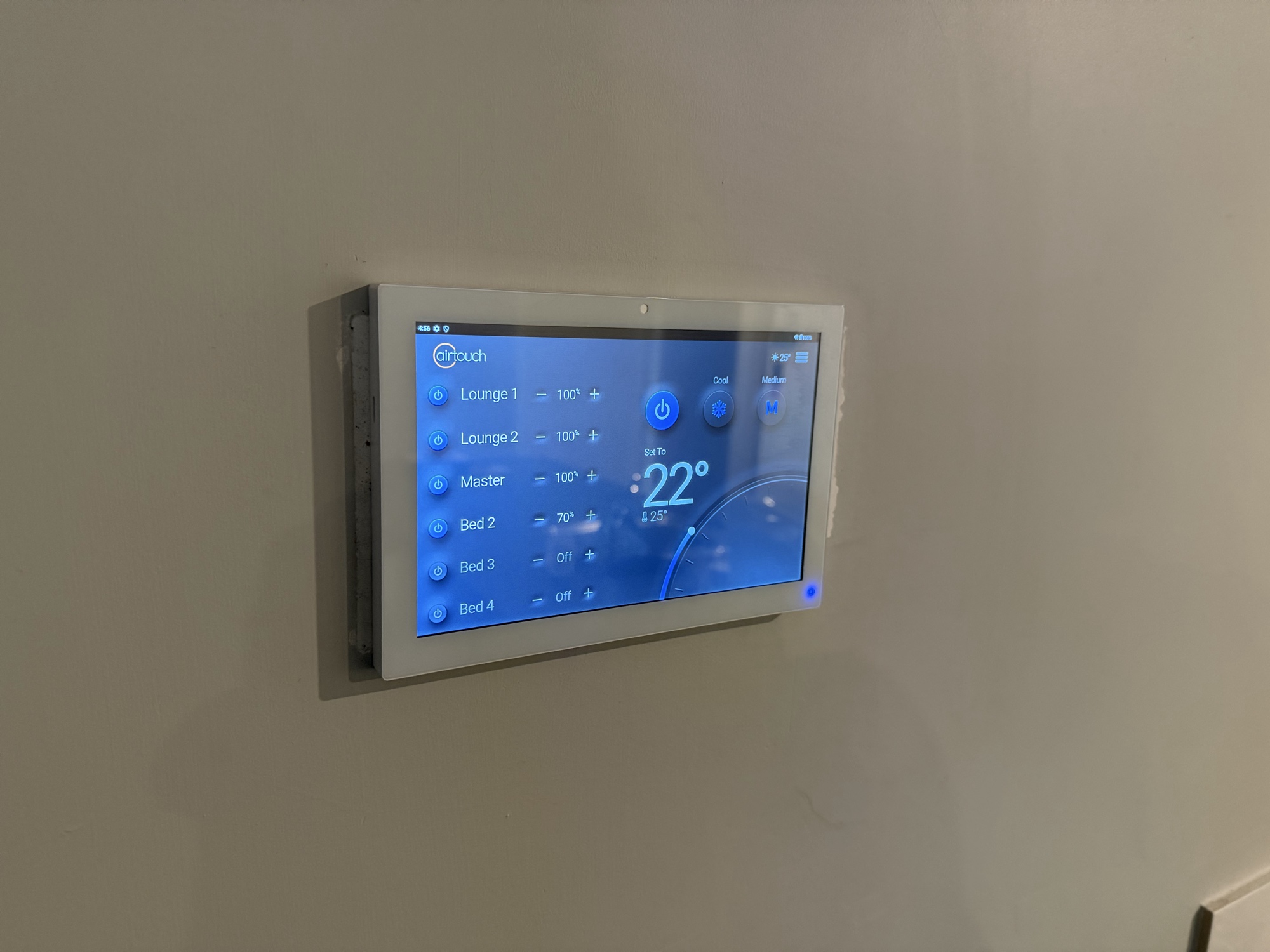AirTouch zone controller touchscreen showing multi-zone ducted control